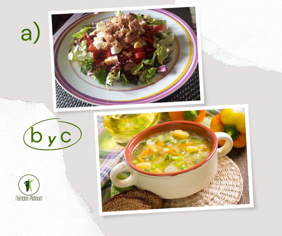 Ensalada de pimientos asados atún y huevo con sopa de pollo ecuatoriana